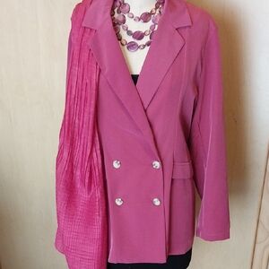 Fuschia Double-Breasted Blazer with Matching Scarf and Shell Disks Necklace